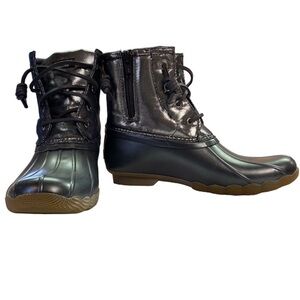 Sperry Topsider Winter/Rain Duck Boots PU Textile Uppers Metallic Grey Preowned